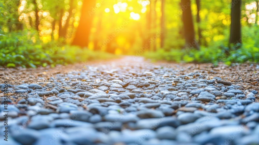Poster sunlight filters through the trees illuminating a gravel path in a serene forest, highlighting the n
