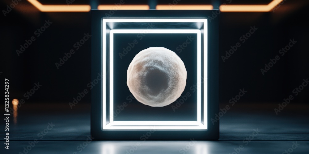 Poster a glowing sphere is suspended in a lighted cube, creating a futuristic and minimalist aesthetic in a