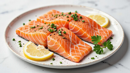 Fresh, raw salmon fillets seasoned with herbs and pepper, served with lemon slices on a plate. Ideal for healthy cooking, gourmet recipes, and food advertisements.