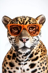 Obraz premium Leopard wearing orange sunglasses posing confidently against a white background, showcasing unique animal fashion style and vibrant personality for wildlife lovers.