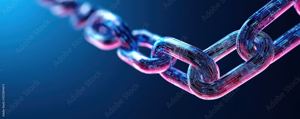 Poster a vibrant, close-up image of a metallic chain, illuminated with blue and pink hues, emphasizing its 