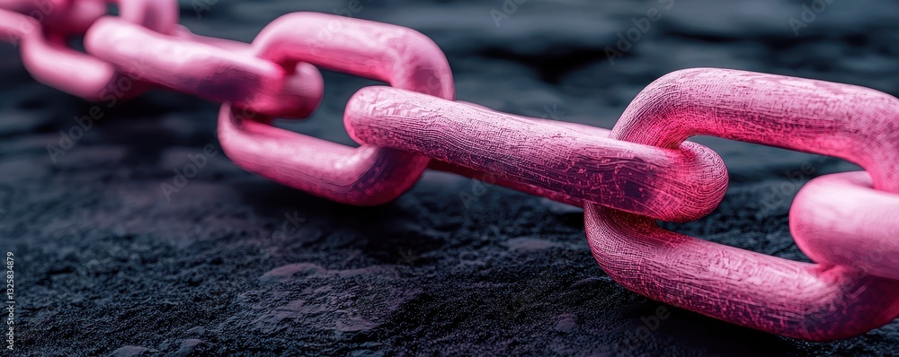 Poster A close-up image of a pink chain link against a dark textured background, highlighting its vibrant color and metallic texture.