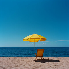 Yellow Beach Umbrella And Chair On Sandy Shore Against Blue Ocean Sky For Relaxation