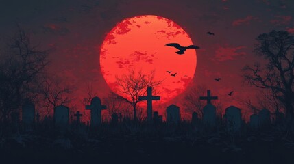 Red Sunset Over Graveyard Pixel Art