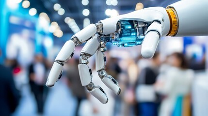 Robotic arm extends, reaching out, in a bustling technology trade show