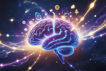 A surreal and visually captivating representation of the human mind. A glowing, ethereal brain floats in a cosmic space, surrounded by swirling galaxies, neural connections, and streams of colorful 