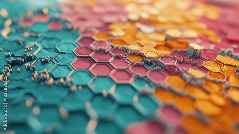 Poster close-up view captures intricate hexagonal shapes in vivid colors, showcasing artistic design and te
