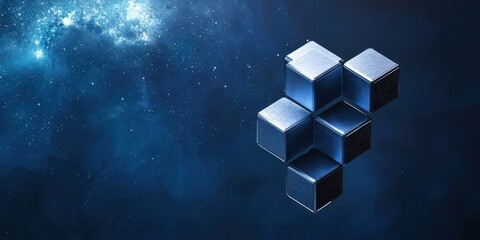 A futuristic design featuring metallic cubes against a cosmic background, suggesting technology and innovation.