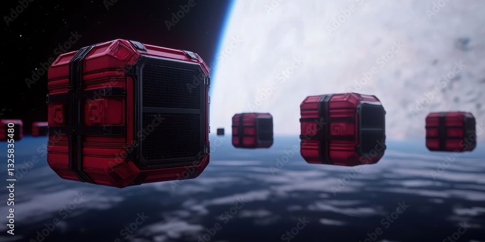 Poster A futuristic scene depicting red cargo containers floating in space with a large celestial body in the background.