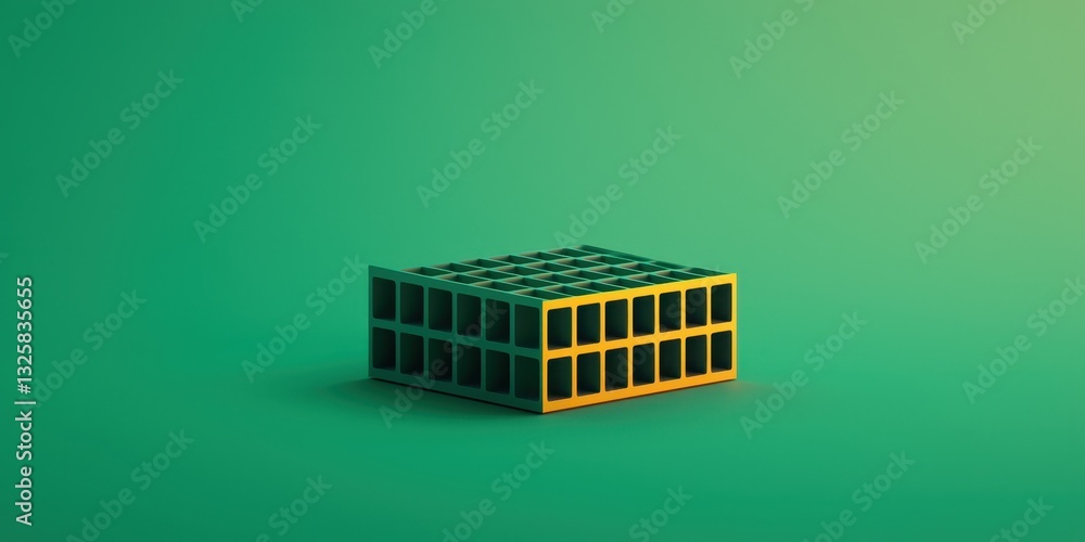 Poster A minimalist 3D rendering of a grid-like structure in green and yellow against a solid green background.