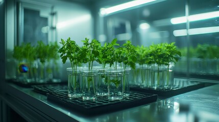 Fresh Green Seedlings Growing in Transparent Containers Under Bright Lights in Modern Botanical Laboratory