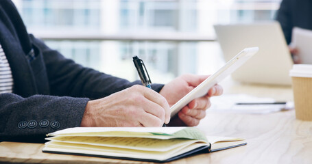 Tablet, notebook and research with hands of employee in office for client portfolio, investment banker and planning. Financial advisor, capital report and profit with closeup of business person