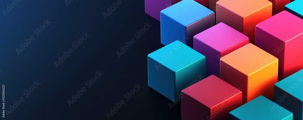 Poster A vibrant arrangement of colorful 3D cubes against a dark background, creating a modern and dynamic visual effect.