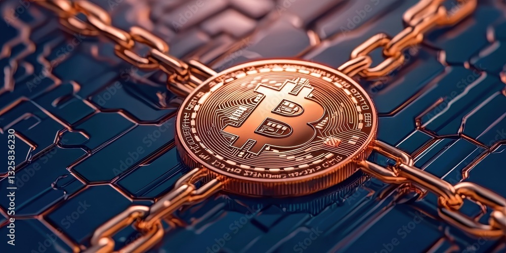 Poster a close-up of a bitcoin coin resting on a digital background, symbolizing cryptocurrency's blockchai