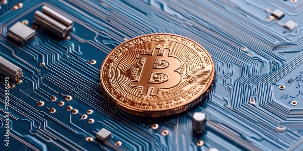 Poster A close-up of a Bitcoin resting on a blue circuit board, symbolizing digital currency and technology integration.