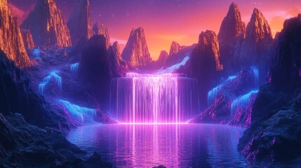 Ethereal cascade amidst cosmic peaks, a glowing dreamscape unfolds