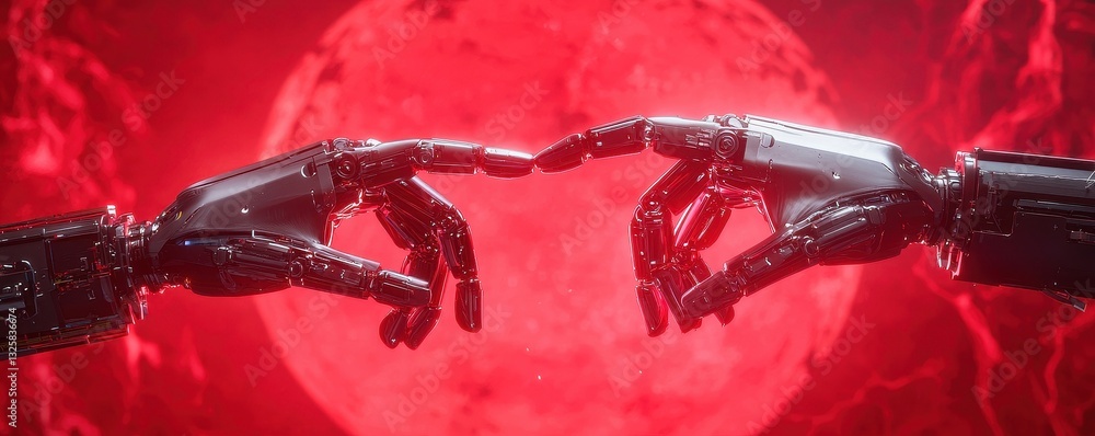 Poster a futuristic scene depicting robotic hands reaching towards each other against a glowing red backdro