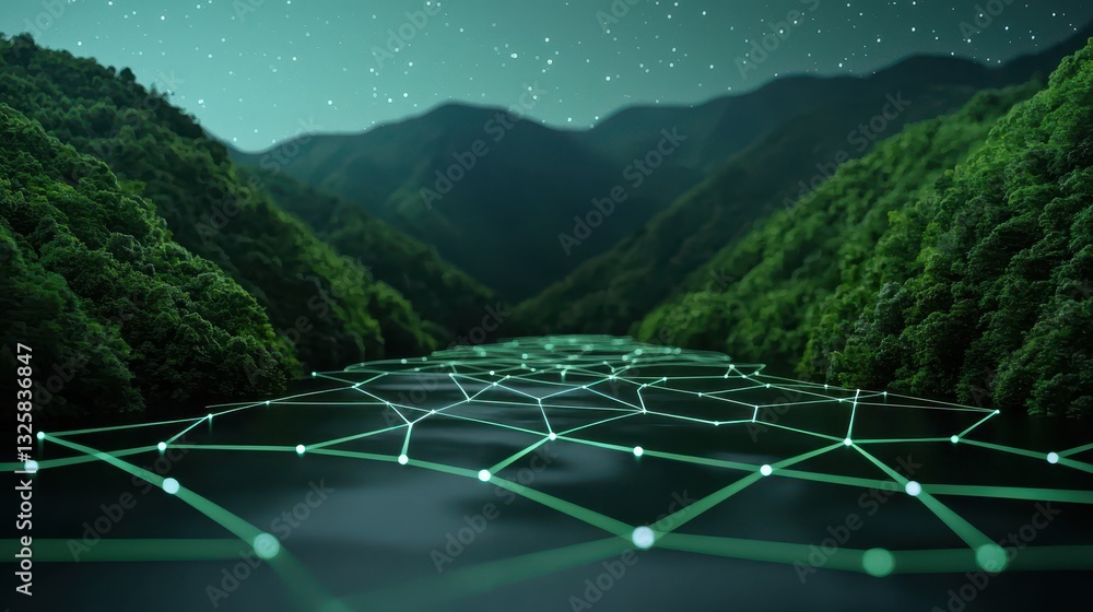 Poster a serene landscape featuring a river surrounded by lush greenery and illuminated by a network of glo
