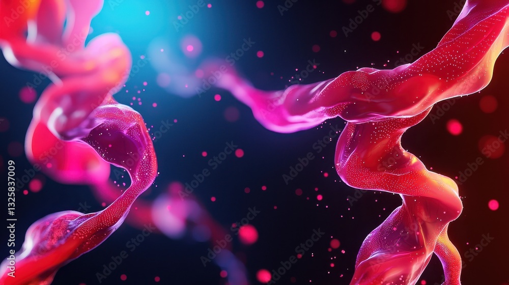 Poster a vibrant abstract representation of twisting, colorful strands against a dark background, evoking a