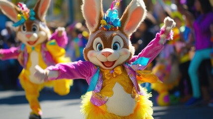 Colorful bunny mascot parade, joyful springtime, park