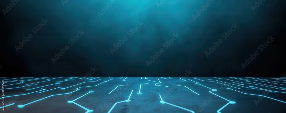 Aufkleber a futuristic digital landscape with glowing lines on the ground, illuminated by a blue light, creati