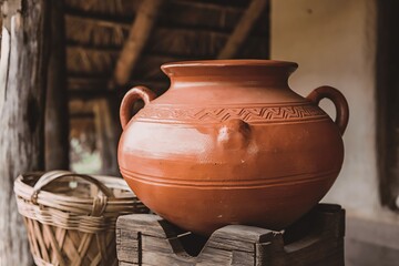 A large, rustic terracotta jar with two handles sits on a wooden base. The jar shows signs of age and wear. Its handcrafted, with visible texture and a seemingly ancient design. A woven basket is part
