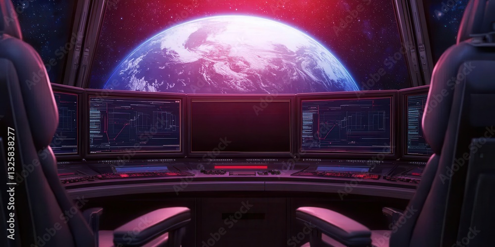 Poster a futuristic spaceship cockpit with multiple screens, overlooking a vibrant earth against a cosmic b