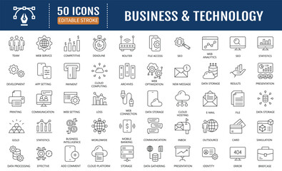 Business and technology line editable icon set. Containing
as teamwork, strategy, planning, marketing, cloud
technology, data analysis, employee, and more. Vector
Illustration