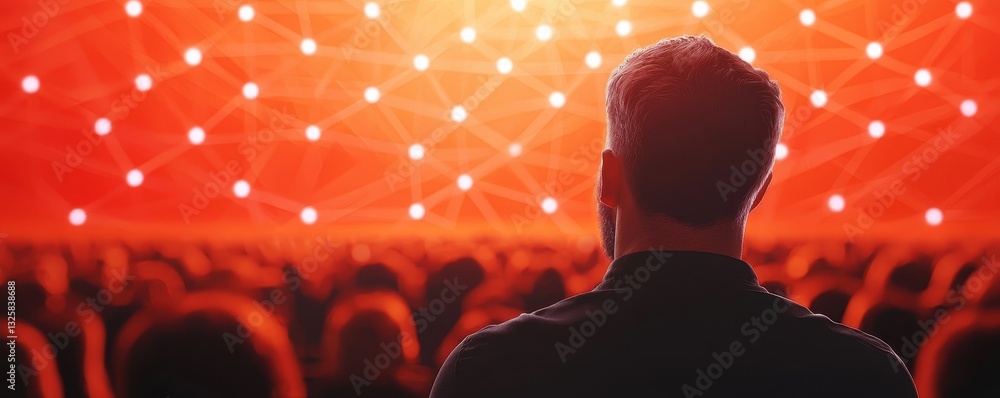 Poster a person stands in front of a glowing red backdrop with interconnected lights, suggesting a vibrant,