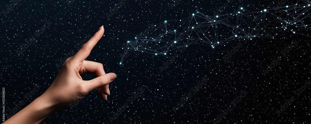 Poster a hand points towards a starry sky, suggesting a connection to the cosmos and the exploration of the