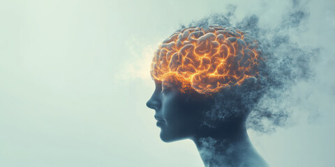 realistic depiction of figure focusing on brain, glowing with energy and thought