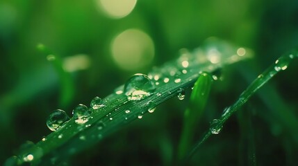 Water Drops on Green Grass Blade Fresh Dew Macro Nature Shot