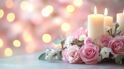 Romantic pink and white rose bouquet with candles on soft pastel bokeh background