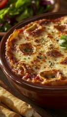 Close up of cheesy crockpot ravioli lasagna with golden layers and fresh basil in rustic bowl