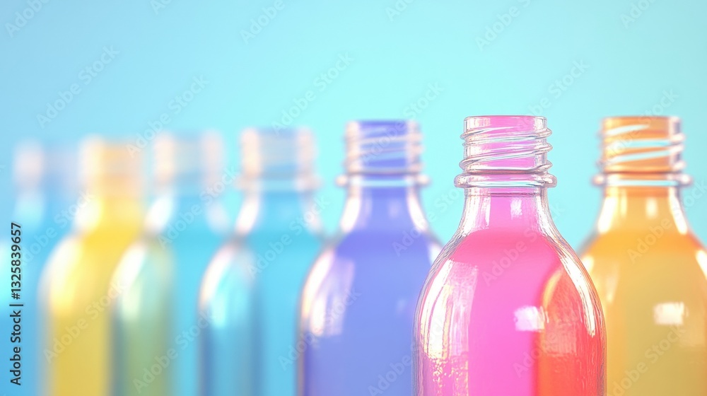 Poster various transparent bottles filled with colorful liquids are aligned neatly against a soft blue back