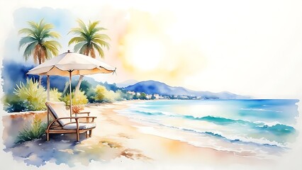 Naklejka premium Serene Beach Watercolor: Tranquil Coastal Scene with Palm Trees and Chaise Lounge
