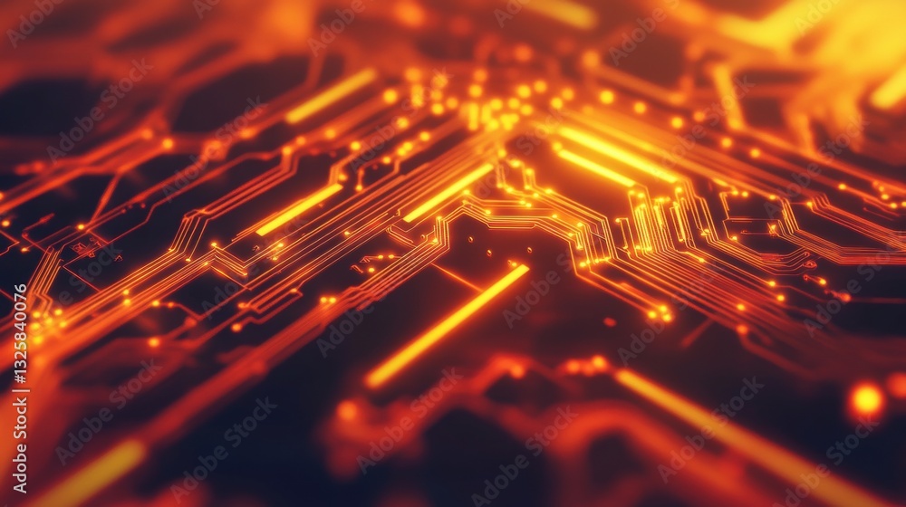 Aufkleber close-up view of glowing orange circuitry highlighting intricate patterns, representing advanced ele