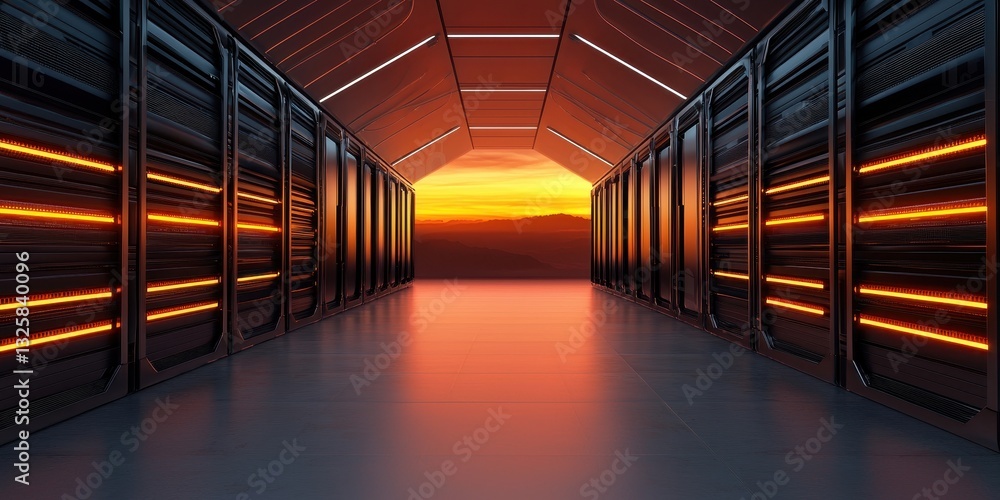 Poster A futuristic data center with rows of servers illuminated by orange lights, leading to a vibrant sunset view at the end.