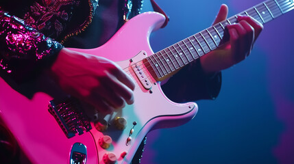 Obraz premium Guitarist playing a pink electric guitar under vibrant stage lighting