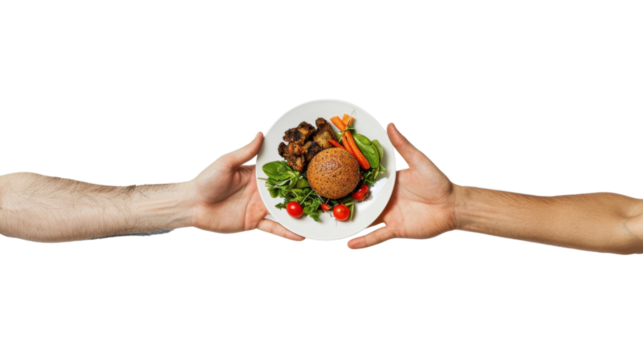 Two hands holding a plate with chicken, bread, salad and vegetables on transparent background