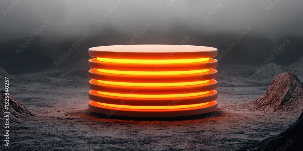 Poster a glowing, circular platform with layered ridges sits amidst a foggy, desolate landscape, creating a