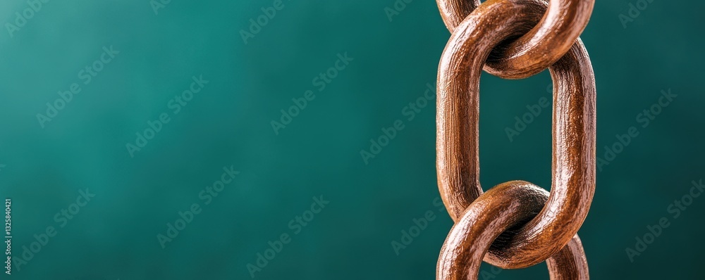 Poster a close-up of a rusty chain link against a blurred green background, highlighting texture and indust