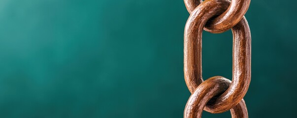 A close-up of a rusty chain link against a blurred green background, highlighting texture and industrial elements.