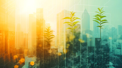 Double exposure image of business profit growth background