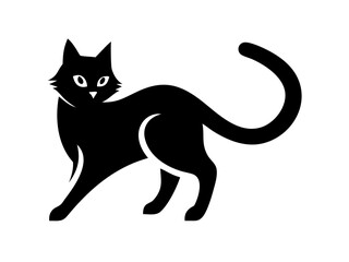 Sleek black silhouette of a cat in a dynamic pose. A bold, minimalist silhouette of a cat in a side view, walking pose, against a pure white background. 