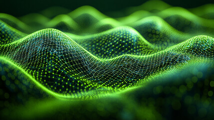 This abstract background blends deep green hues with glowing, The digital particles symbolize the future of global business connections, offering a sense of cutting-edge innovation and digital luxury.