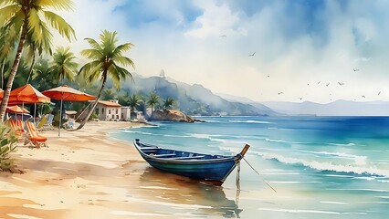 Obraz premium Tropical Beach Scene: Boat, Palms, and Ocean Watercolor