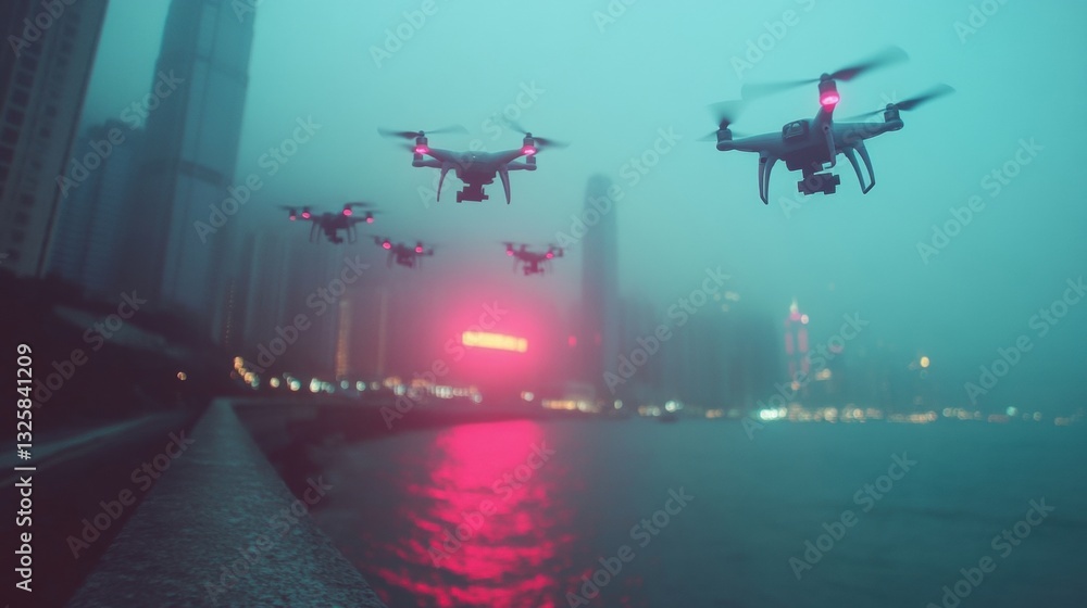 Poster multiple drones navigate through a foggy cityscape at night, casting reflections on the water while 