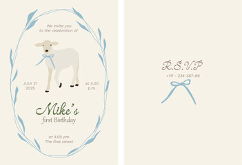 Cute flat sheep wih bow on kids invitation card for birthday party in countrystyle life. Farming animal character flat illustration. Vector baby invitation design.