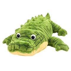 Obraz premium Plush crocodile toy with large eyes, resting on a soft surface, suitable for children's playtime